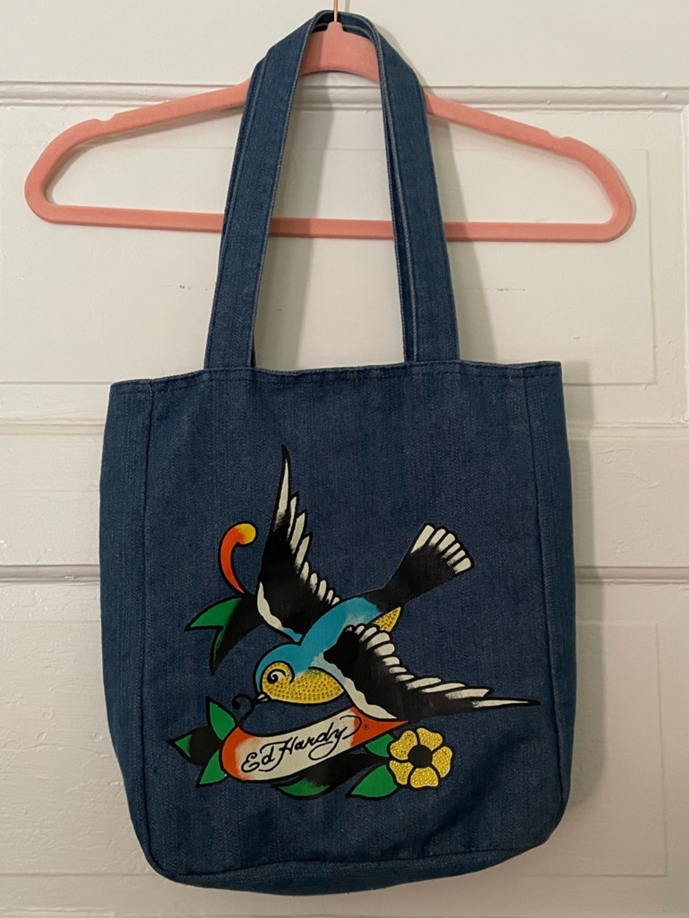 Ed Hardy Denim Tote with Rhinestone Flower & Sparrow Bird